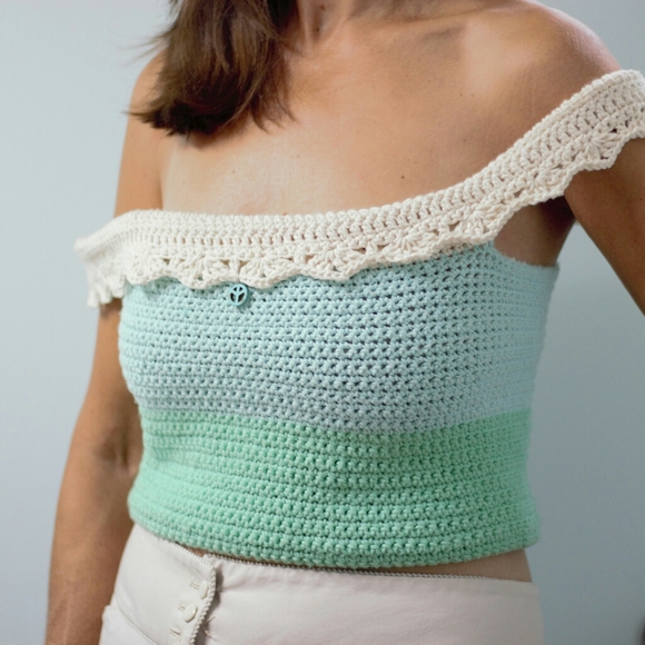 Hand Crafted Hand Crochet Boho Coastal Seafoam Green Off Shoulder Crop Top M - Picture 6 of 11